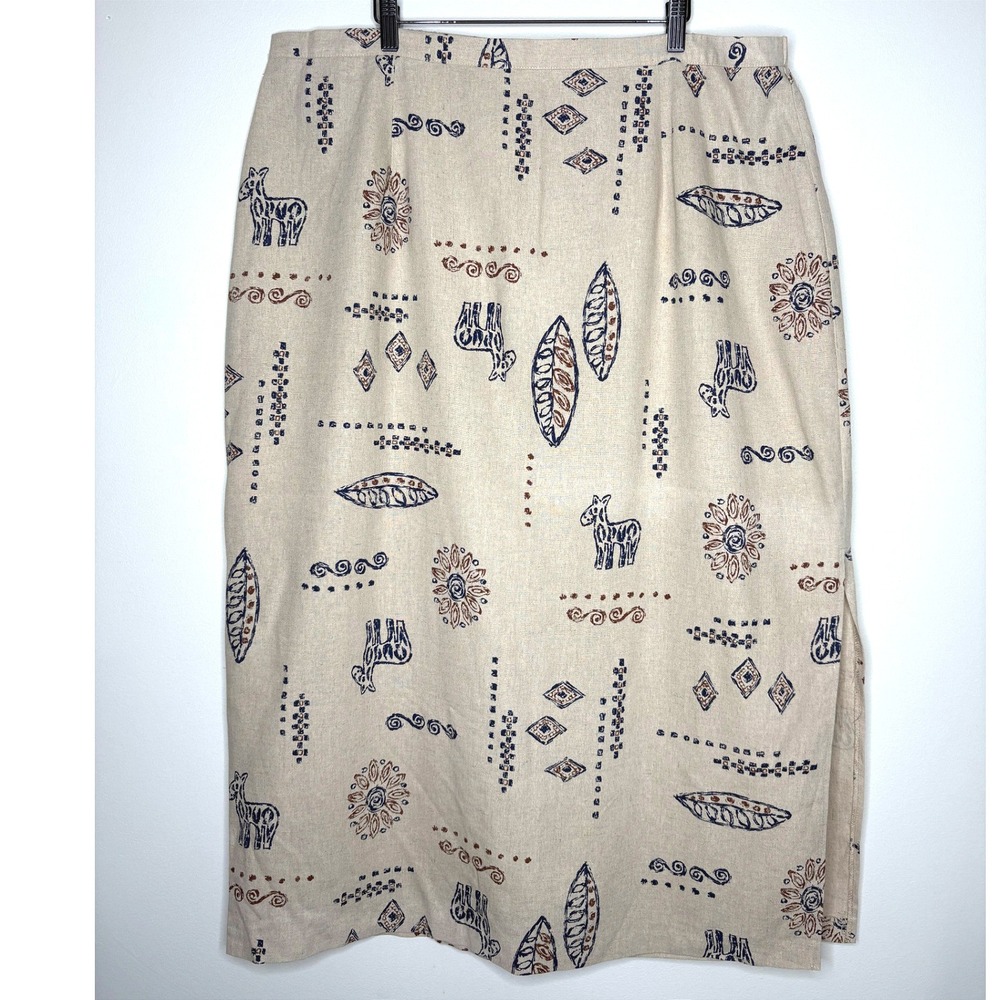 Vintage 90s Cotton Linen Maxi Skirt 3X‎ Elastic Waist Southwest Print US Made